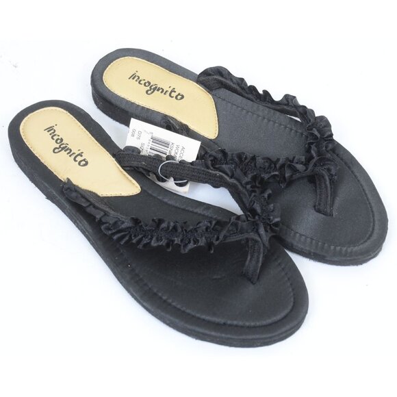 Incognito Womens Black Ruffled Sandals Thong Summer Beach Shoes Size 8 NEW - Picture 1 of 4
